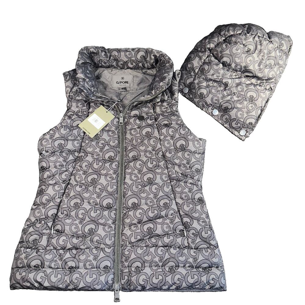 G/FORE Women G's Printed Puffer Golf Vest Removable Hood M NWT Charcoal Gray G4